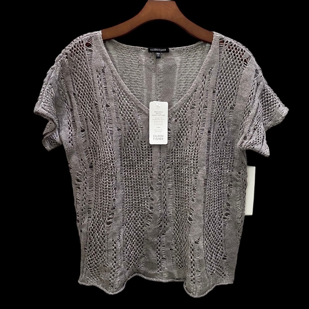 Eileen Fisher Precious Metal Open Texture Linen Silver V Neck S/S Top XS - Picture 4 of 11